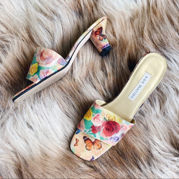 Vintage Shoes - 30- Vintage Y2K Ann Marino Holographic Butterfly Floral Slide Mule Heel Sandals
